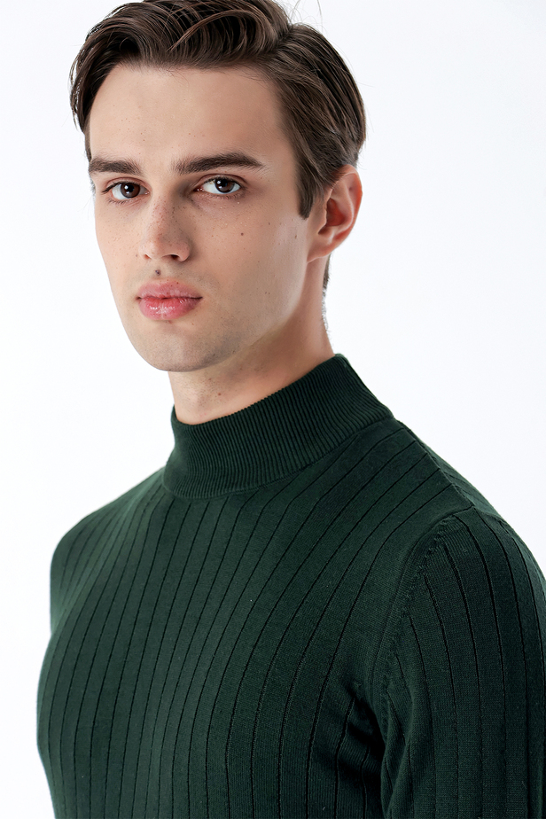 Uzun Kollu Desenli Örme Yarım Balıkçı Yaka Pamuklu Klasik Comfort Triko 1012235166 Koyu Yeşil