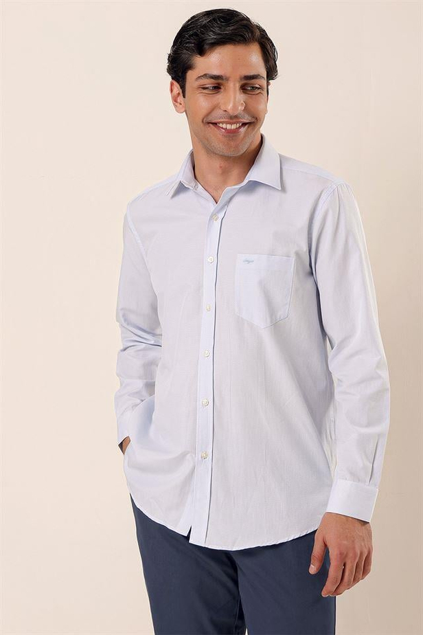 Uzun Kollu Desenli Sert Yaka Cepli Pamuklu Klasik Comfort Fit Gömlek 1004230185-M