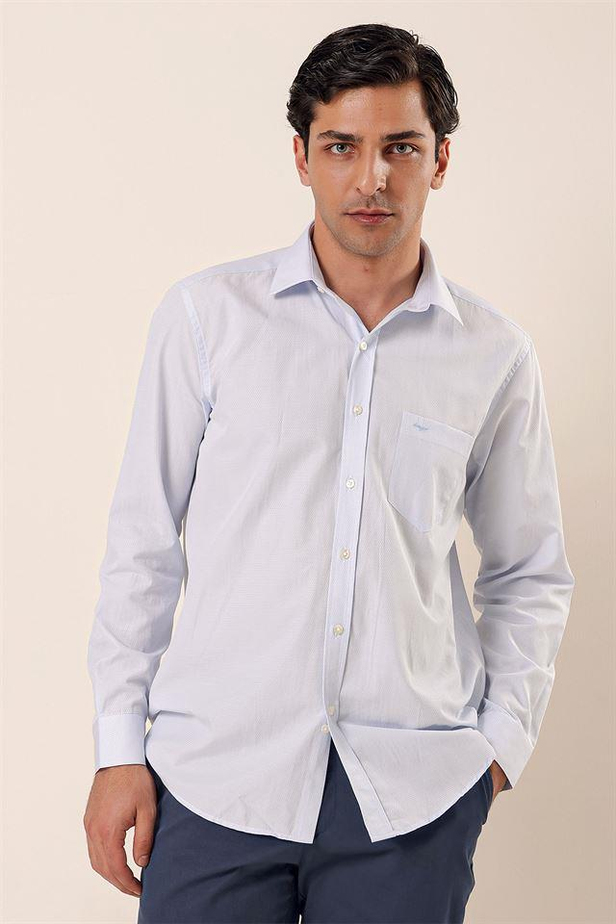 Uzun Kollu Desenli Sert Yaka Cepli Pamuklu Klasik Comfort Fit Gömlek 1004230185-M
