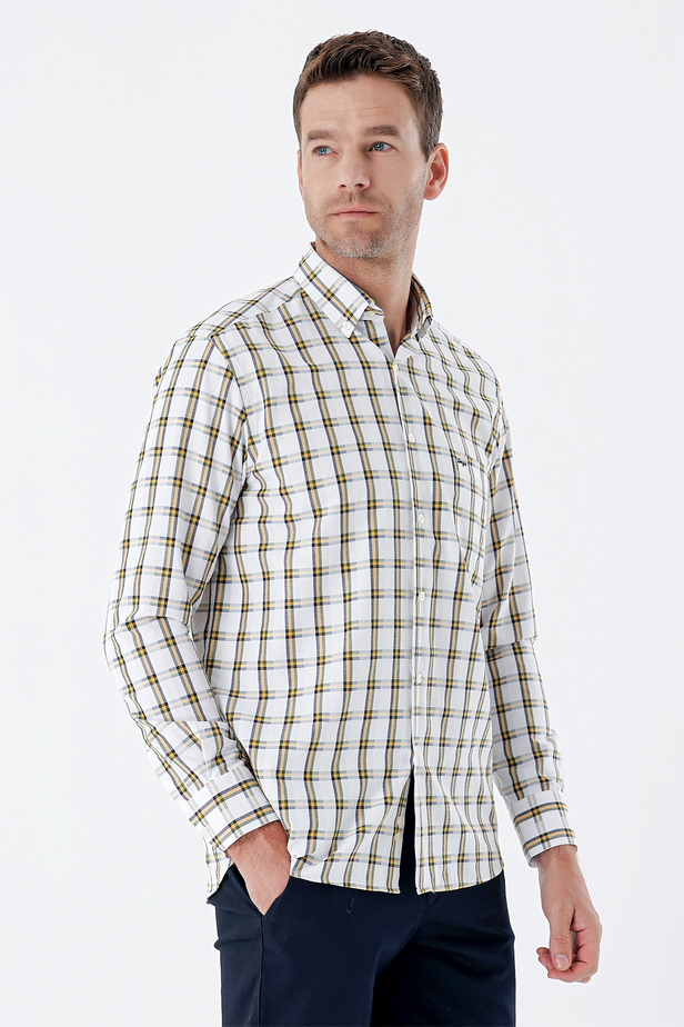 Uzun Kollu Ekoseli Düğmeli Yaka Cepli Pamuklu Klasik Comfort Fit Gömlek 1004235312 Sarı