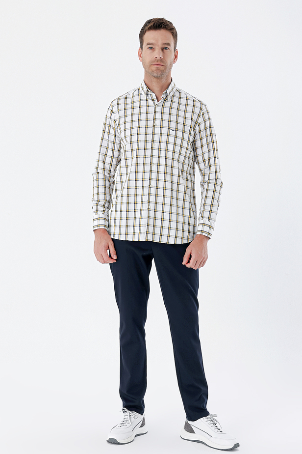 Uzun Kollu Ekoseli Düğmeli Yaka Cepli Pamuklu Klasik Comfort Fit Gömlek 1004235312 Sarı