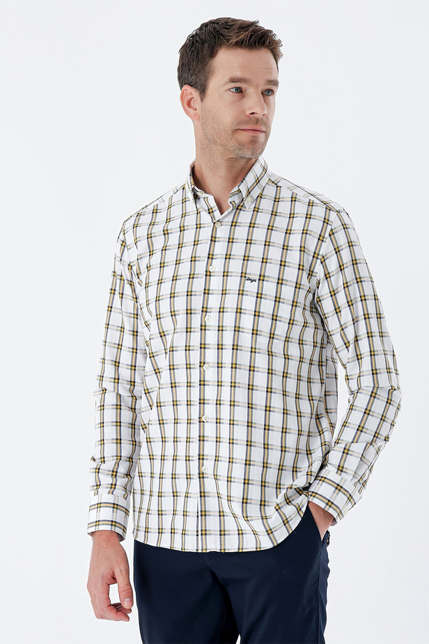 Uzun Kollu Ekoseli Düğmeli Yaka Cepli Pamuklu Klasik Comfort Fit Gömlek 1004235312 Sarı