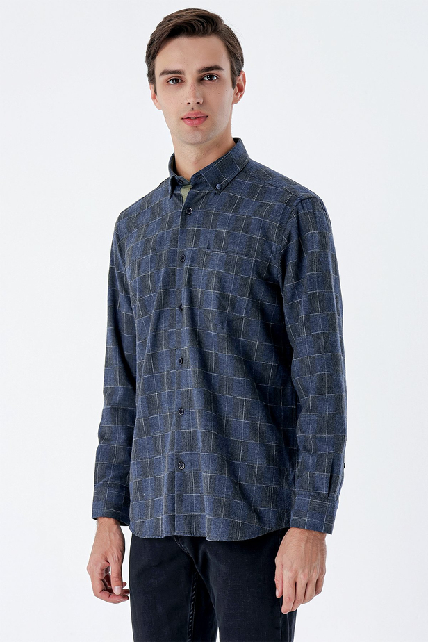 Uzun Kollu Ekoseli Düğmeli Yaka Cepli Garnili Pamuklu Klasik Comfort Fit Gömlek 1004235142 Koyu Lacivert
