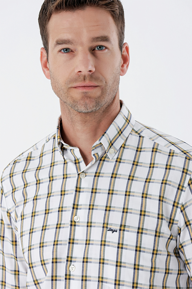 Uzun Kollu Ekoseli Düğmeli Yaka Cepli Pamuklu Klasik Comfort Fit Gömlek 1004235312 Sarı