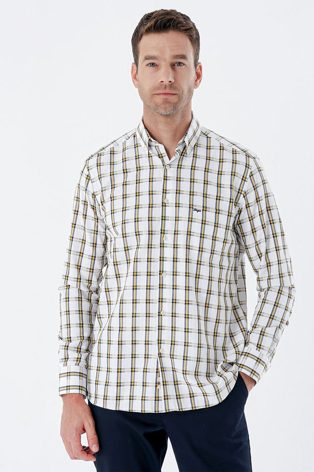 Uzun Kollu Ekoseli Düğmeli Yaka Cepli Pamuklu Klasik Comfort Fit Gömlek 1004235312 Sarı