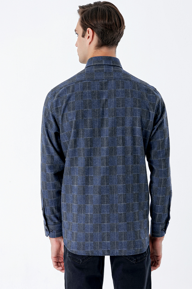 Uzun Kollu Ekoseli Düğmeli Yaka Cepli Garnili Pamuklu Klasik Comfort Fit Gömlek 1004235142 Koyu Lacivert