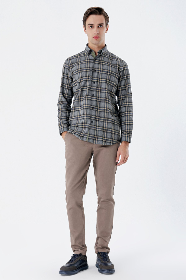 Uzun Kollu Ekoseli Gabardin Sert Yaka Cepli Garnili Casual Comfort Fit Gömlek 1004235109 Füme
