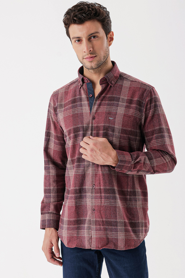 Uzun Kollu Ekoseli Gabardin Sert Yaka Cepli Garnili Casual Comfort Fit Gömlek 1004235110 Bordo