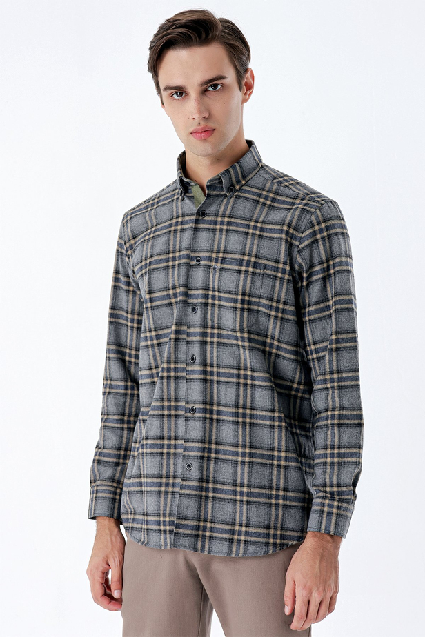 Uzun Kollu Ekoseli Gabardin Sert Yaka Cepli Garnili Casual Comfort Fit Gömlek 1004235109 Füme