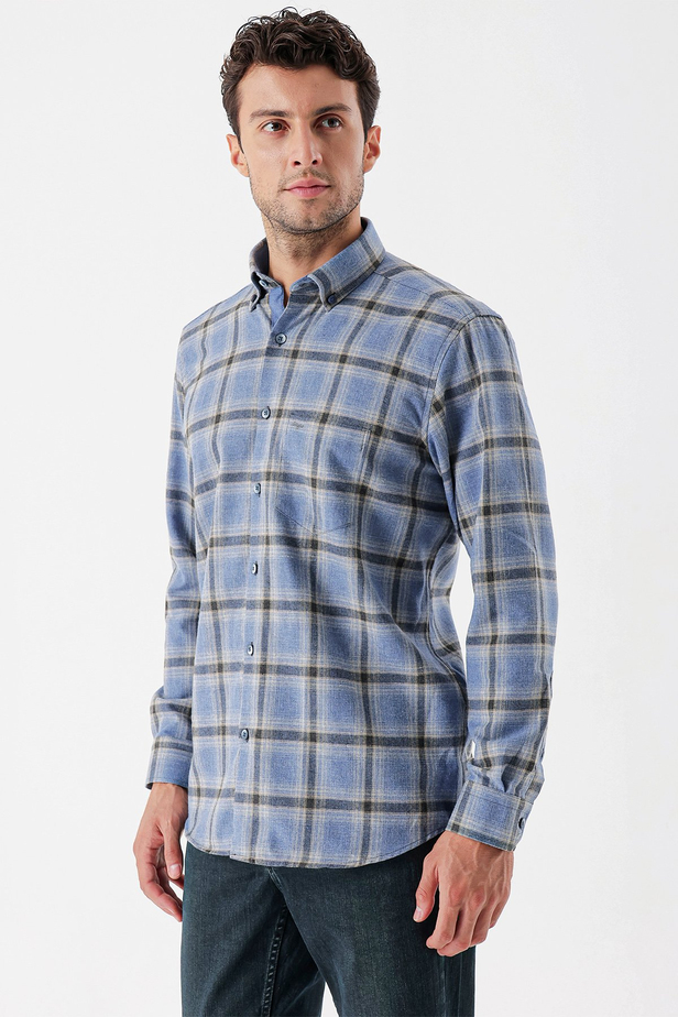 Uzun Kollu Ekoseli Gabardin Sert Yaka Cepli Garnili Casual Comfort Fit Gömlek 1004235109 Koyu Mavi