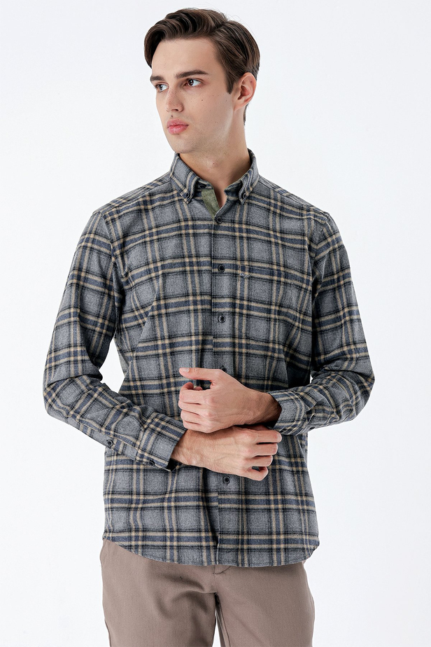 Uzun Kollu Ekoseli Gabardin Sert Yaka Cepli Garnili Casual Comfort Fit Gömlek 1004235109 Füme
