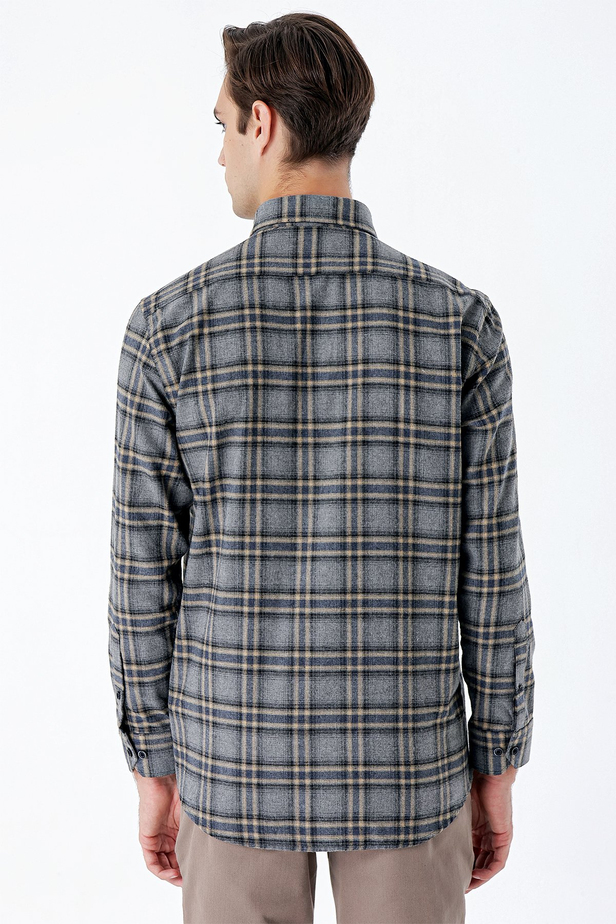 Uzun Kollu Ekoseli Gabardin Sert Yaka Cepli Garnili Casual Comfort Fit Gömlek 1004235109 Füme
