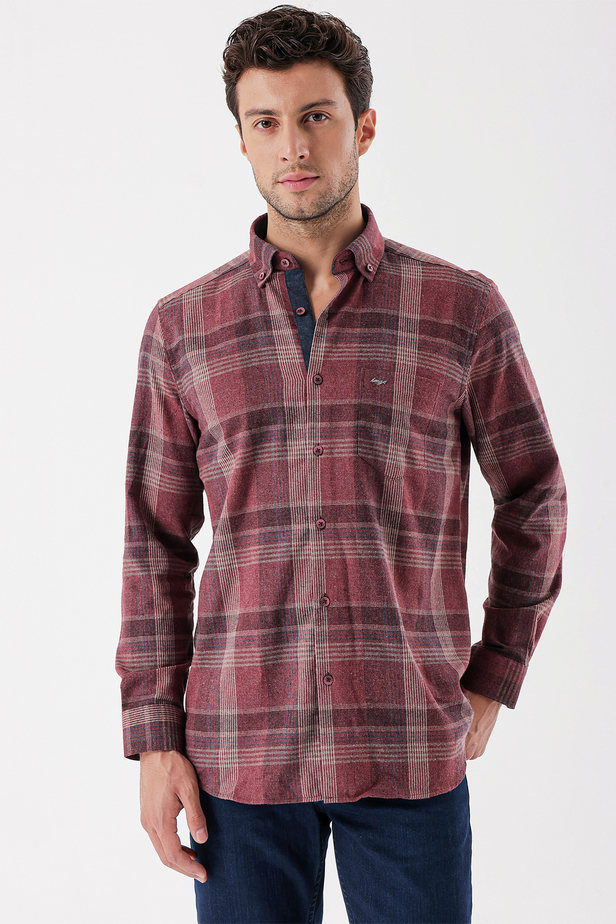 Uzun Kollu Ekoseli Gabardin Sert Yaka Cepli Garnili Casual Comfort Fit Gömlek 1004235110 Bordo