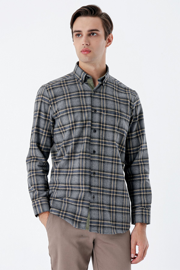Uzun Kollu Ekoseli Gabardin Sert Yaka Cepli Garnili Casual Comfort Fit Gömlek 1004235109 Füme