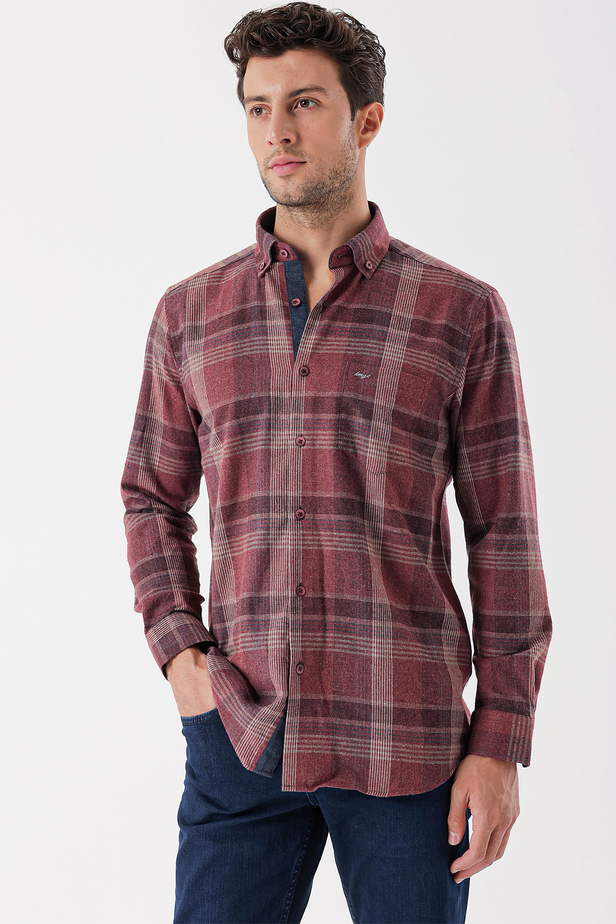 Uzun Kollu Ekoseli Gabardin Sert Yaka Cepli Garnili Casual Comfort Fit Gömlek 1004235110 Bordo