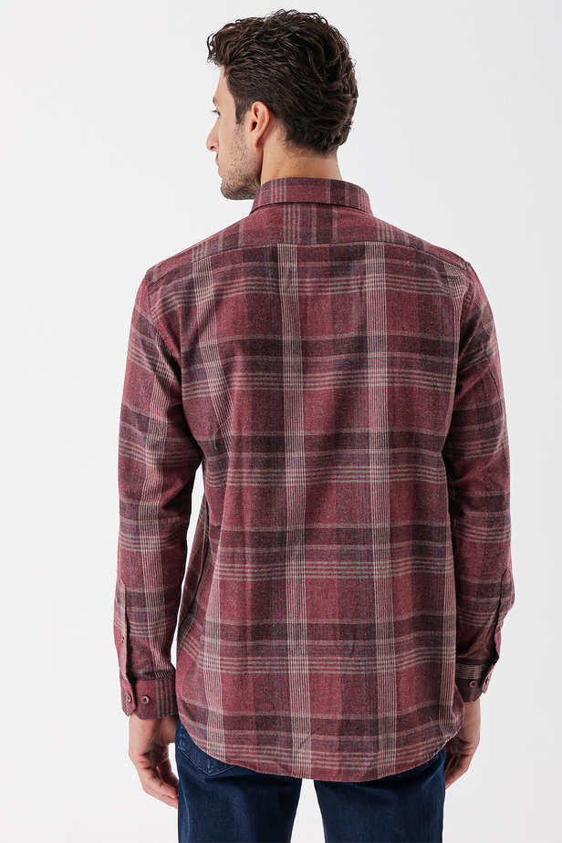 Uzun Kollu Ekoseli Gabardin Sert Yaka Cepli Garnili Casual Comfort Fit Gömlek 1004235110 Bordo