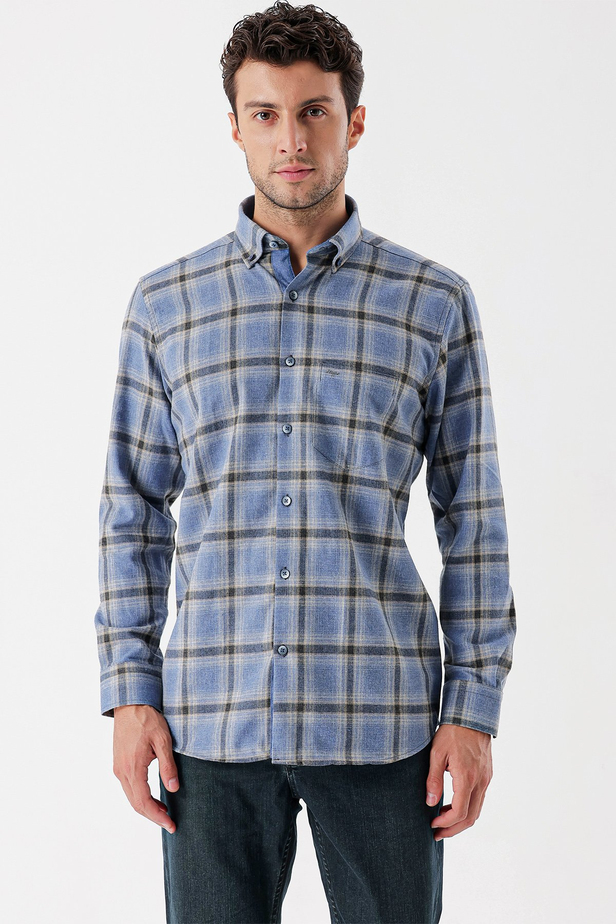 Uzun Kollu Ekoseli Gabardin Sert Yaka Cepli Garnili Casual Comfort Fit Gömlek 1004235109 Koyu Mavi