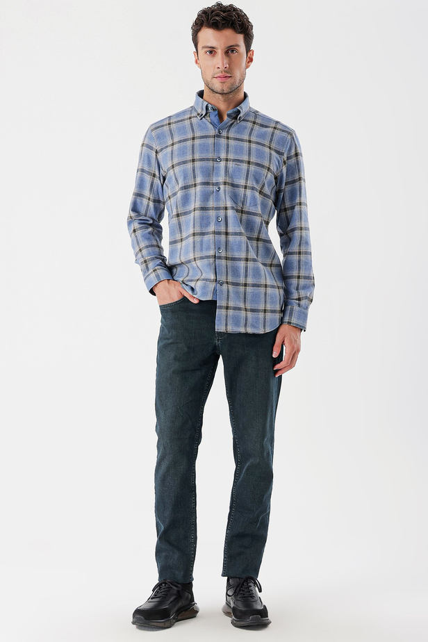 Uzun Kollu Ekoseli Gabardin Sert Yaka Cepli Garnili Casual Comfort Fit Gömlek 1004235109 Koyu Mavi