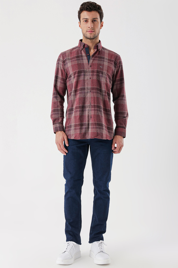 Uzun Kollu Ekoseli Gabardin Sert Yaka Cepli Garnili Casual Comfort Fit Gömlek 1004235110 Bordo