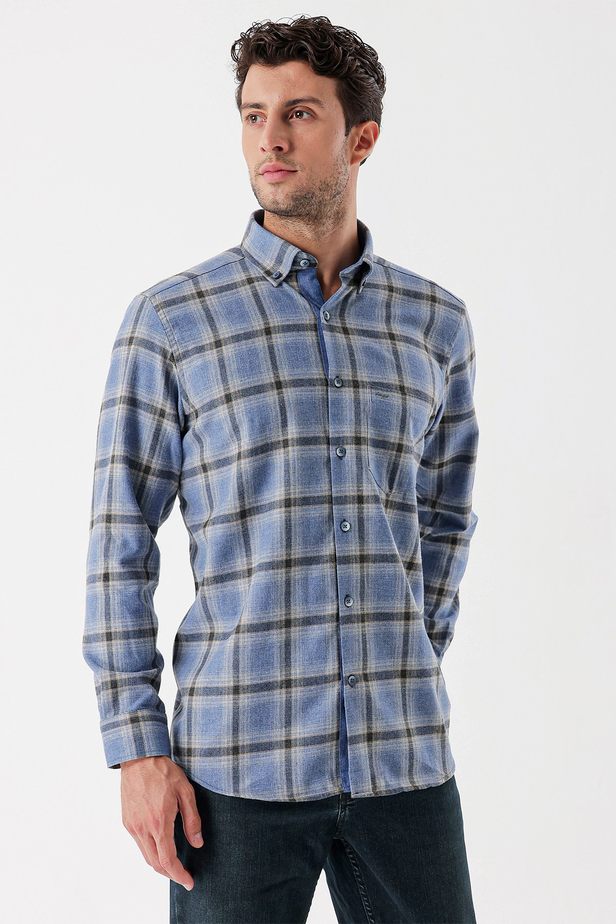 Uzun Kollu Ekoseli Gabardin Sert Yaka Cepli Garnili Casual Comfort Fit Gömlek 1004235109 Koyu Mavi