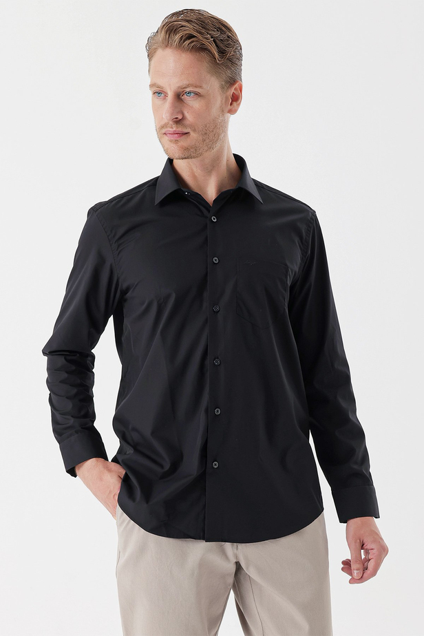 Uzun Kollu Sert Yaka Cepli Pamuklu Basic Comfort Fit Rahat Kesim Gömlek 1004230351 Siyah