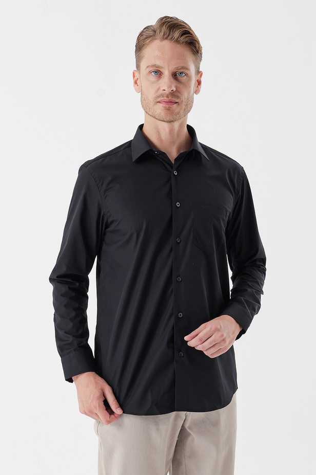 Uzun Kollu Sert Yaka Cepli Pamuklu Basic Comfort Fit Rahat Kesim Gömlek 1004230351 Siyah