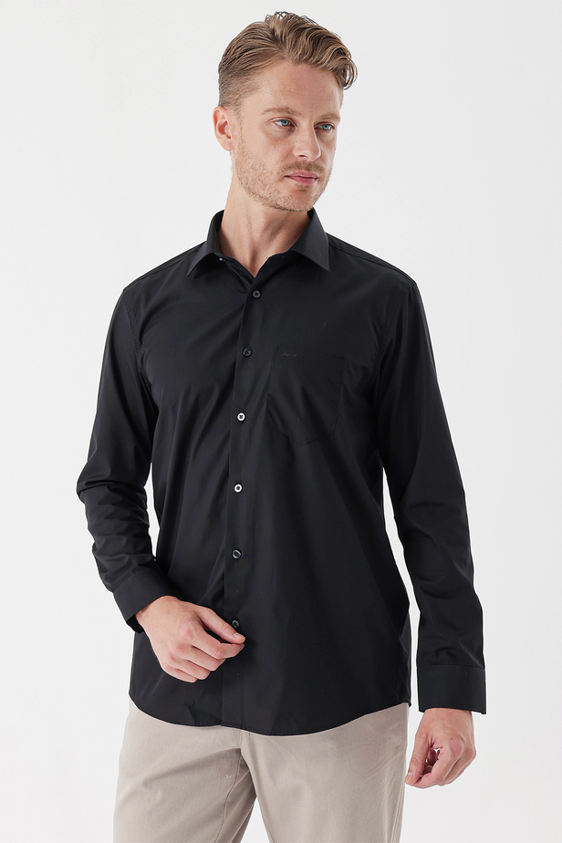 Uzun Kollu Sert Yaka Cepli Pamuklu Basic Comfort Fit Rahat Kesim Gömlek 1004230351 Siyah