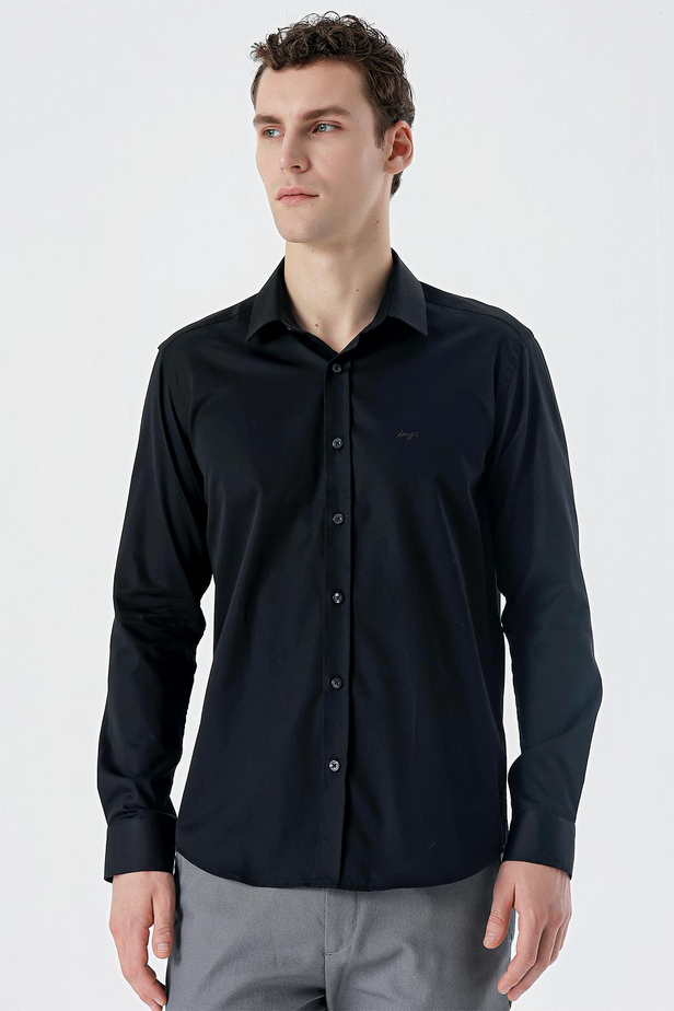 Uzun Kollu   Sert Yaka Cepsiz  %100 Pamuk Klasik Slim Fit Dar Kesim Gömlek 1004235424 Siyah
