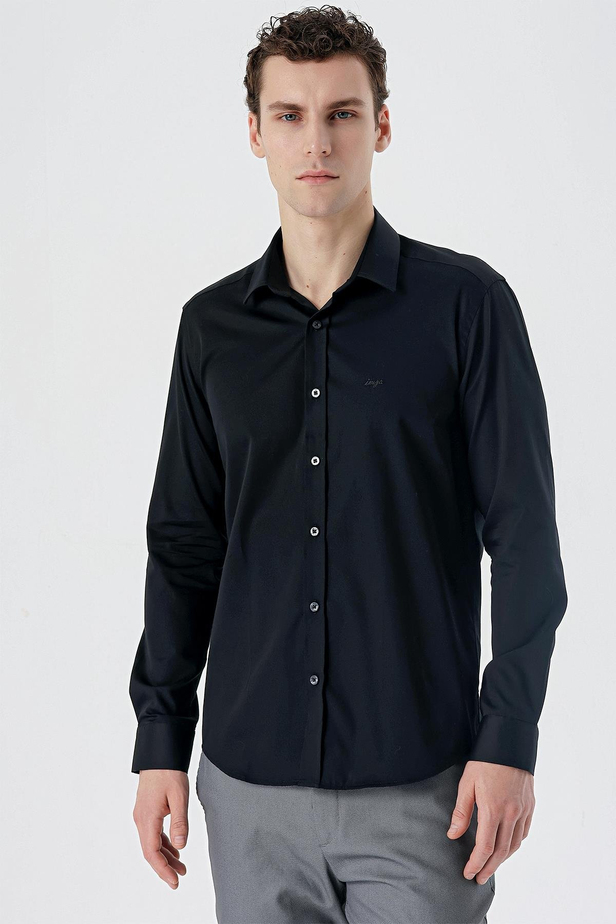 Uzun Kollu   Sert Yaka Cepsiz  %100 Pamuk Klasik Slim Fit Dar Kesim Gömlek 1004235424 Siyah
