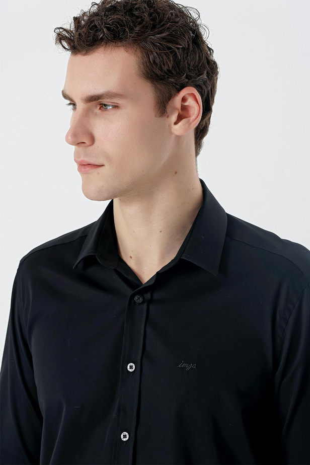 Uzun Kollu   Sert Yaka Cepsiz  %100 Pamuk Klasik Slim Fit Dar Kesim Gömlek 1004235424 Siyah