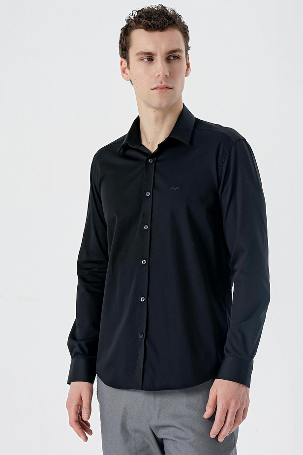 Uzun Kollu   Sert Yaka Cepsiz  %100 Pamuk Klasik Slim Fit Dar Kesim Gömlek 1004235424 Siyah