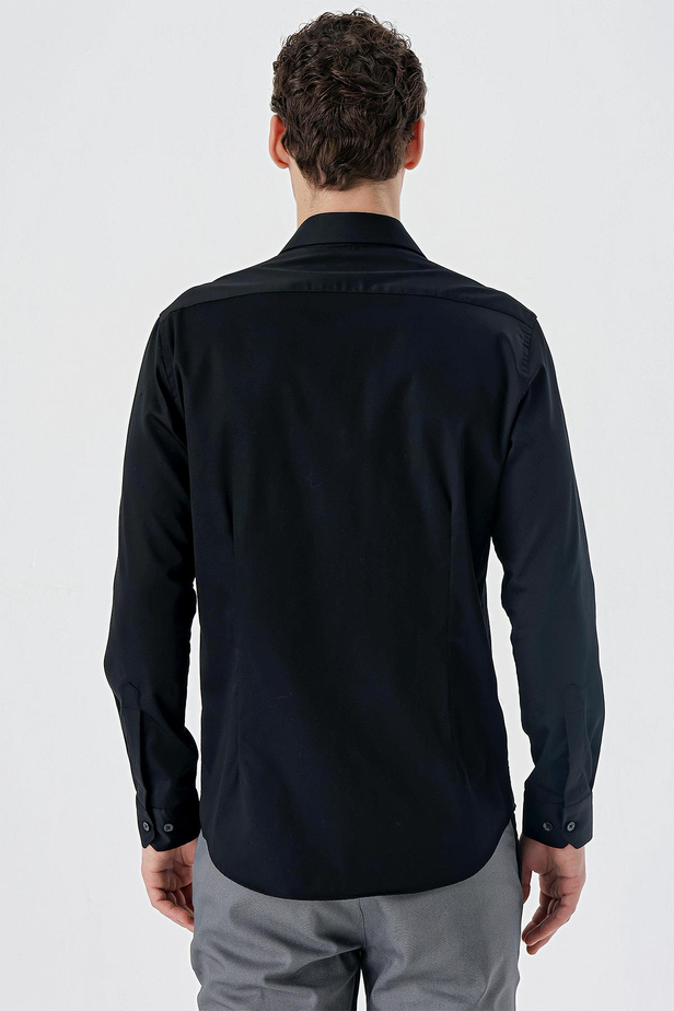 Uzun Kollu   Sert Yaka Cepsiz  %100 Pamuk Klasik Slim Fit Dar Kesim Gömlek 1004235424 Siyah