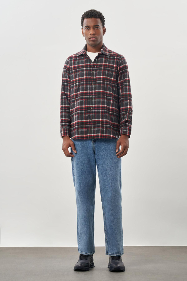 Vişne Yünlü Ekose Desen Yumuşak Yaka Cepsiz Uzun Kol Casual Comfort Fit Gömlek 1004245227