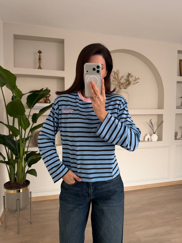 Arkası Yazı Baskılı Mavi Kahve Çizgili Sweatshirt 