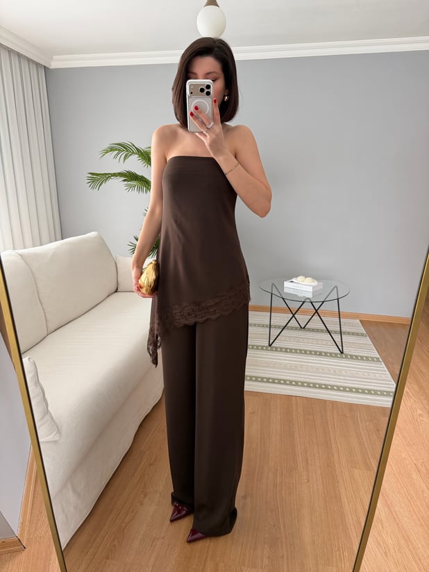 Asimetrik Dantelli Straplez Takım