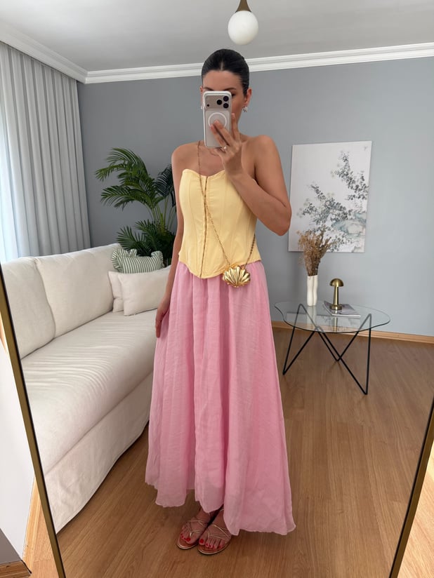 Azahar Beli Lastikli Pembe Renk Etek