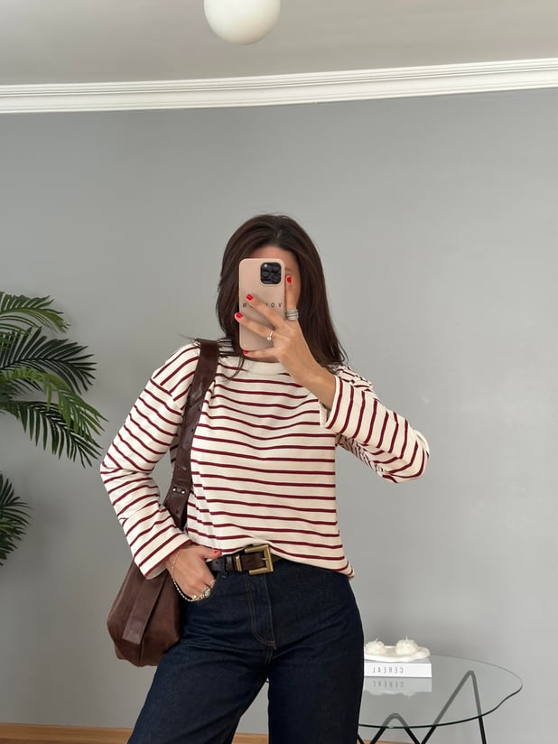 Bordo Çizgili Pamuklu Bluz