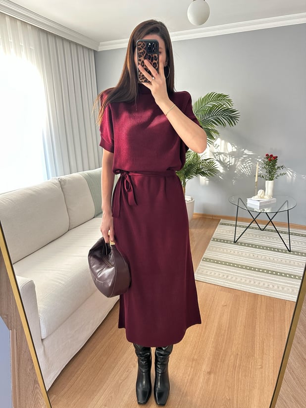 Bordo Triko Elbise 