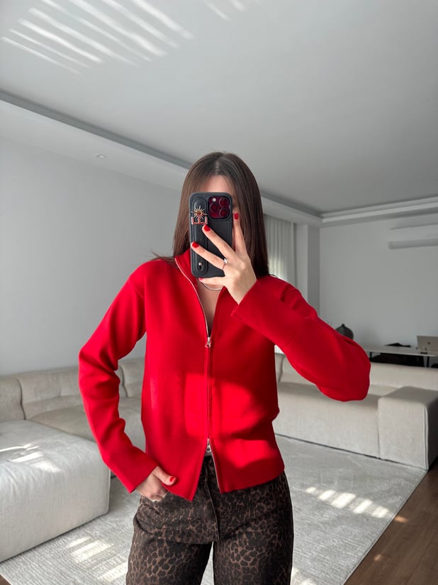 Çelik Örme Fermuarlı Kırmızı Hırka