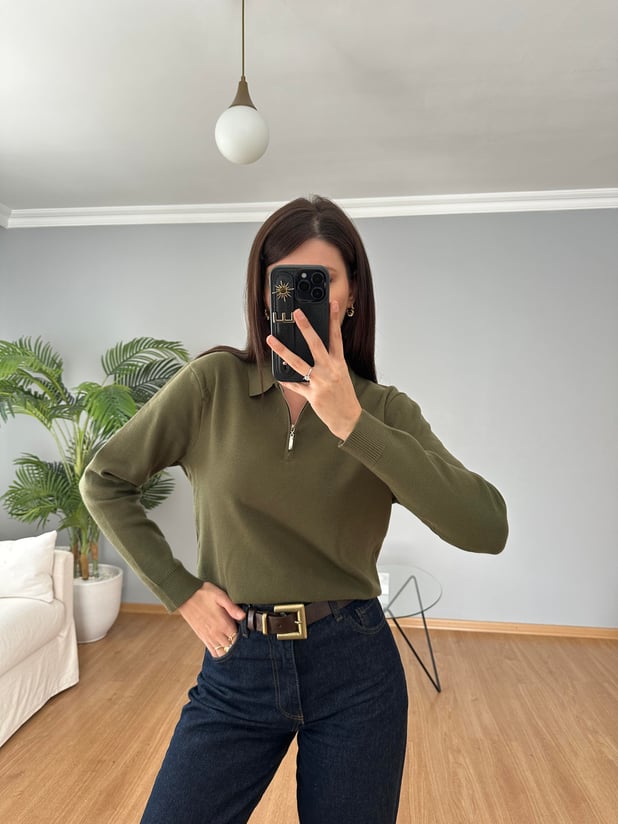 Çelik Örme Yeşil Fermuarlı Triko