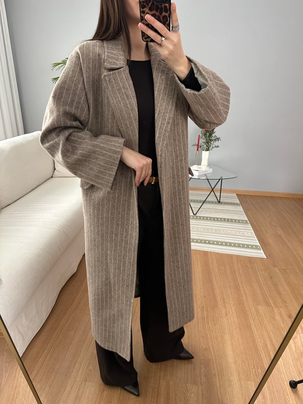 Çizgili Açık Vizon Meleni Kaban