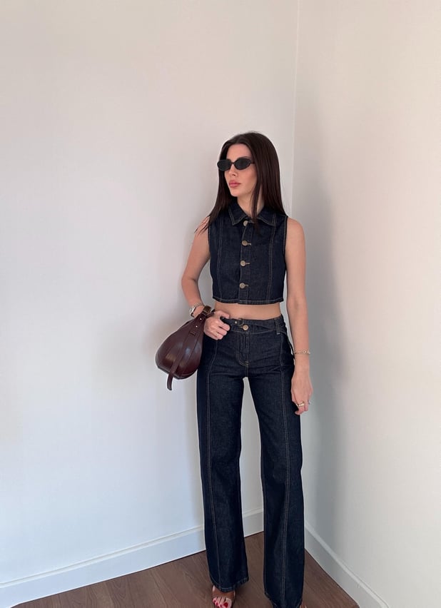 Crop Yelekli Denim Takım
