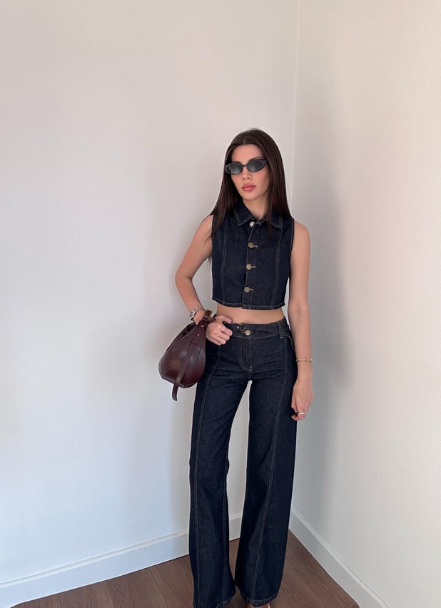 Crop Yelekli Denim Takım