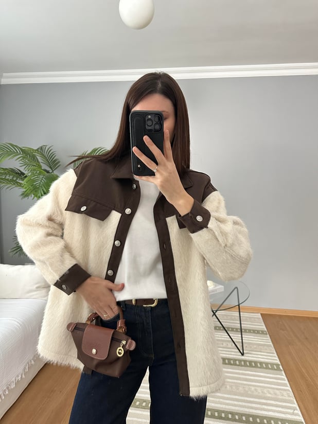 Kahve Denim Detaylı Ekru Renk Yün Ceket 