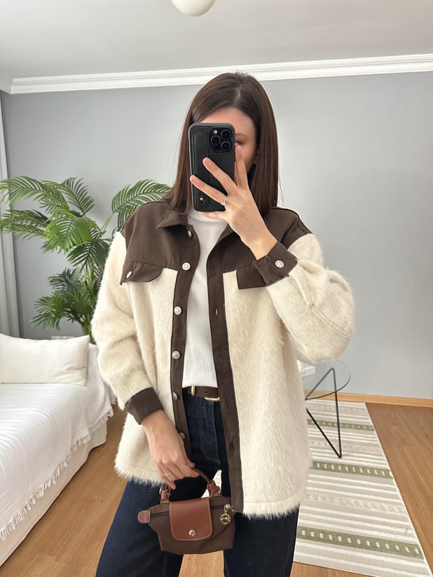Kahve Denim Detaylı Ekru Renk Yün Ceket 