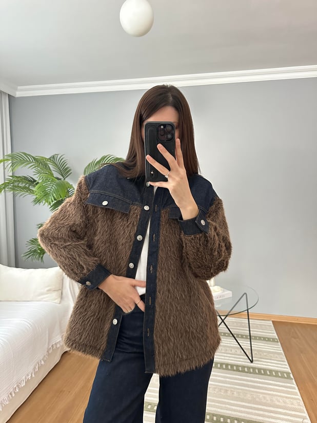 Denim Detaylı Kahve Rengi Yün Ceket 
