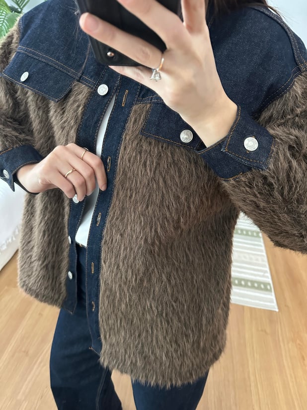 Denim Detaylı Kahve Rengi Yün Ceket 