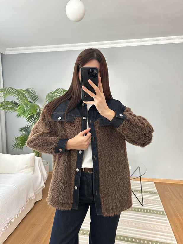Denim Detaylı Kahve Rengi Yün Ceket 