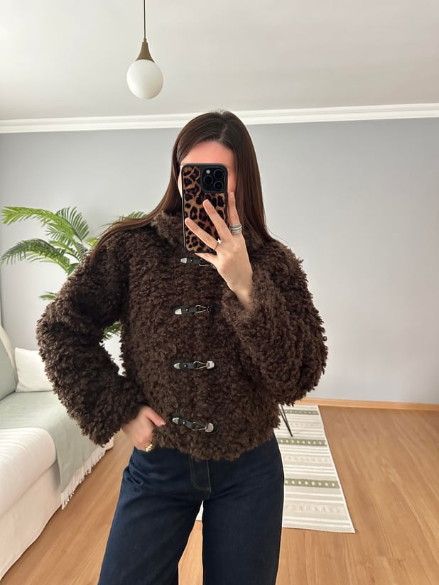 Deri Düğmeli Kıvırcık Teddy Ceket 