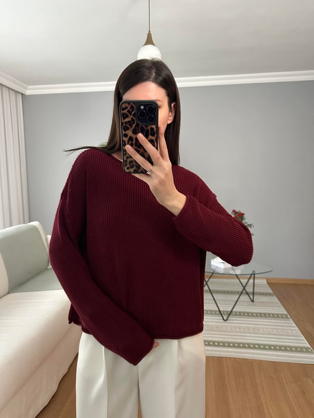 Dilvin Kayık Yaka Bordo Triko